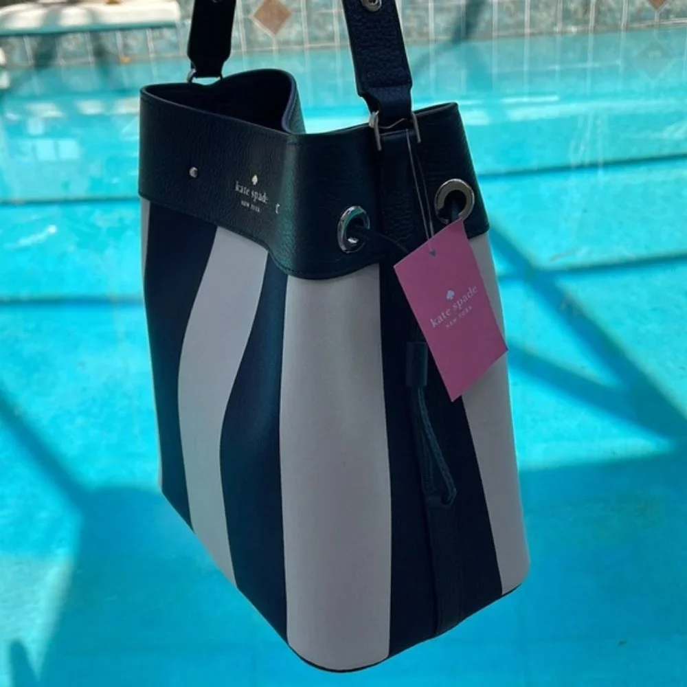 Kate Spade Marti Large Bucket Bag Even Stripe Blazer Blue - Picture 3 of 16